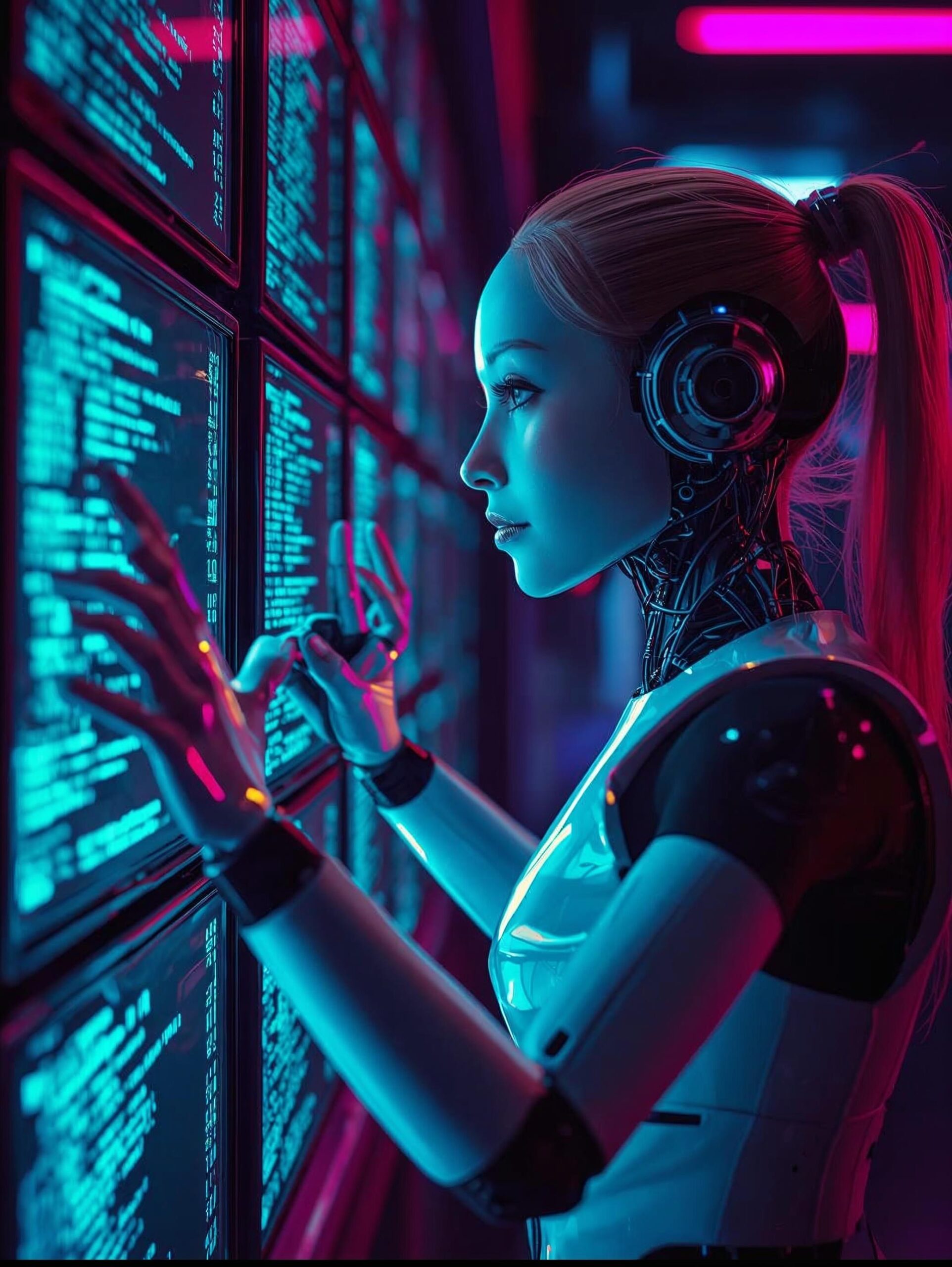 a female AI robot plugs into a wal of computers showing code. Bright, cheerful, and vibrant