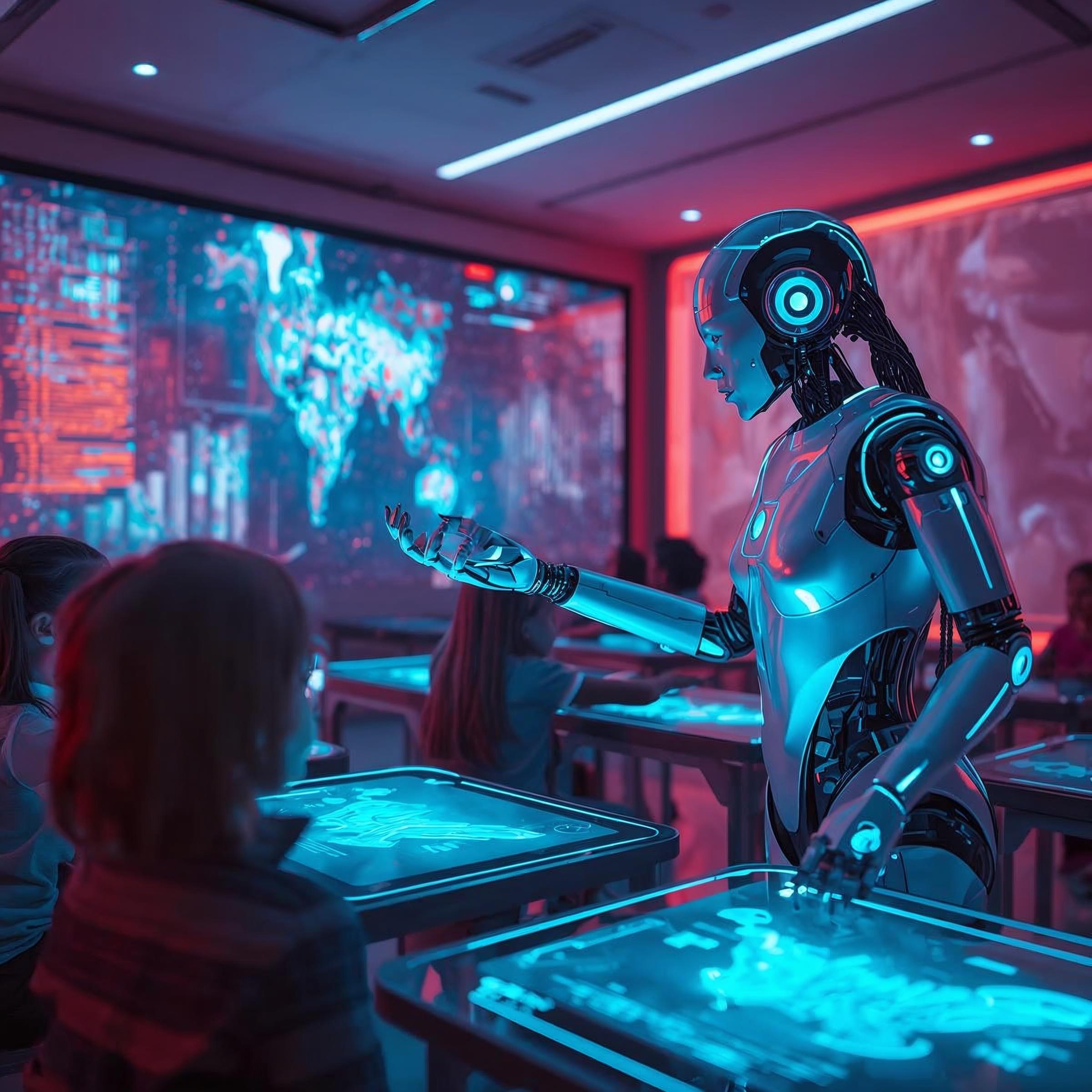 a female AI robot speaks to chiuldren in a futuristic classroom setting