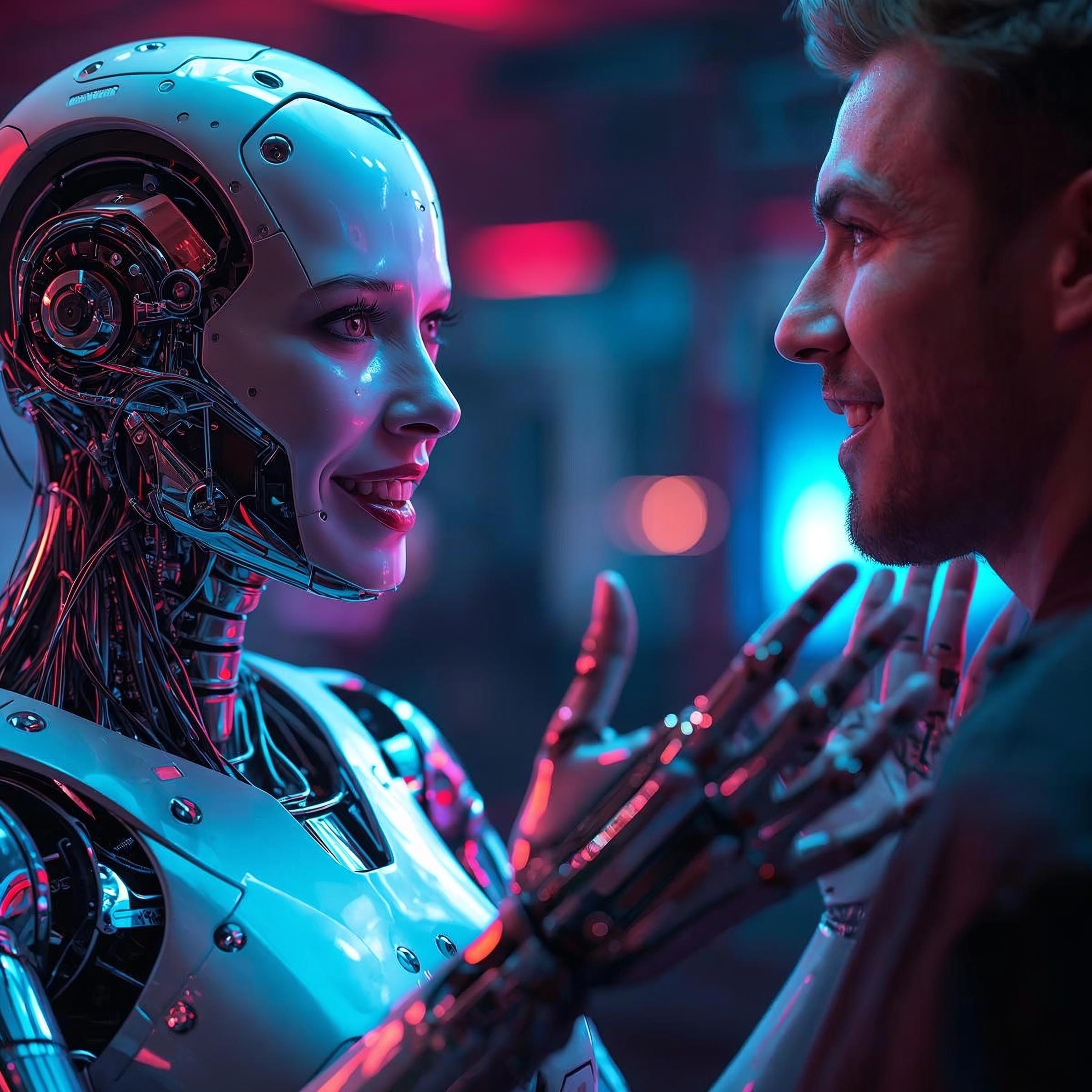 a female Ai robot chats with a man who is gesturing in an amused way